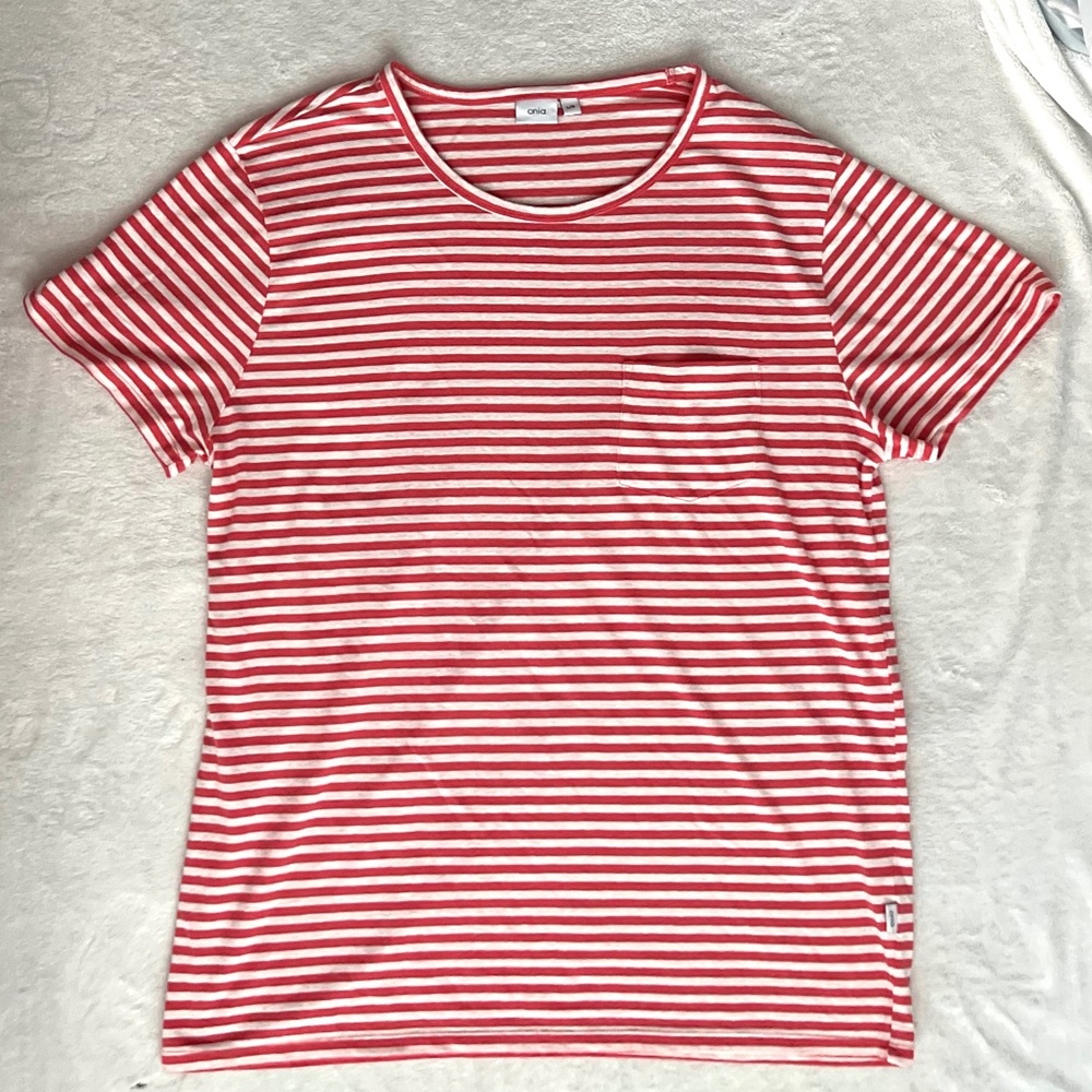 ONIA Men's Red Linen Blend Short Sleeve Red White Striped T Shirt: Large